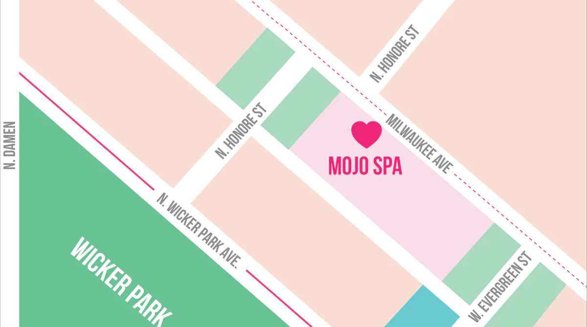 Map of Mojo Spa on Milwaukee Ave., between Honore St. and Evergreen St., beside Wicker Park