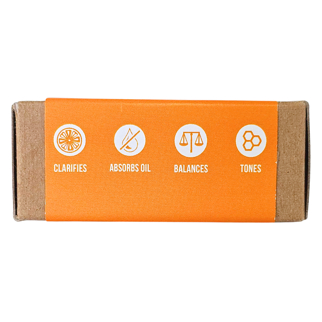 The end of the box, its orange label showing four icons with one-word labels