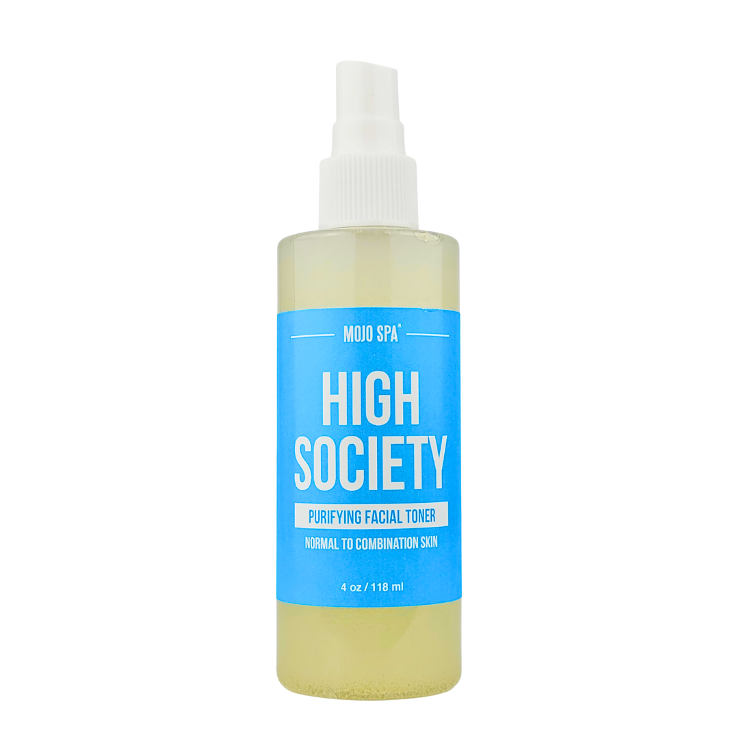 High Society Purifying Facial Toner in a 4 oz spray bottle, blue label for normal to combination skin