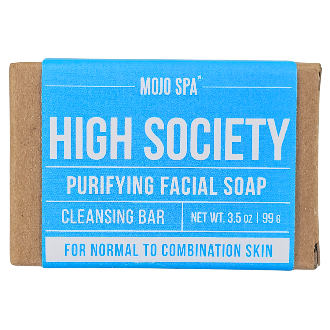 High Society Purifying Facial Soap, a 3.5 oz cleansing bar in a kraft carton with a blue label
