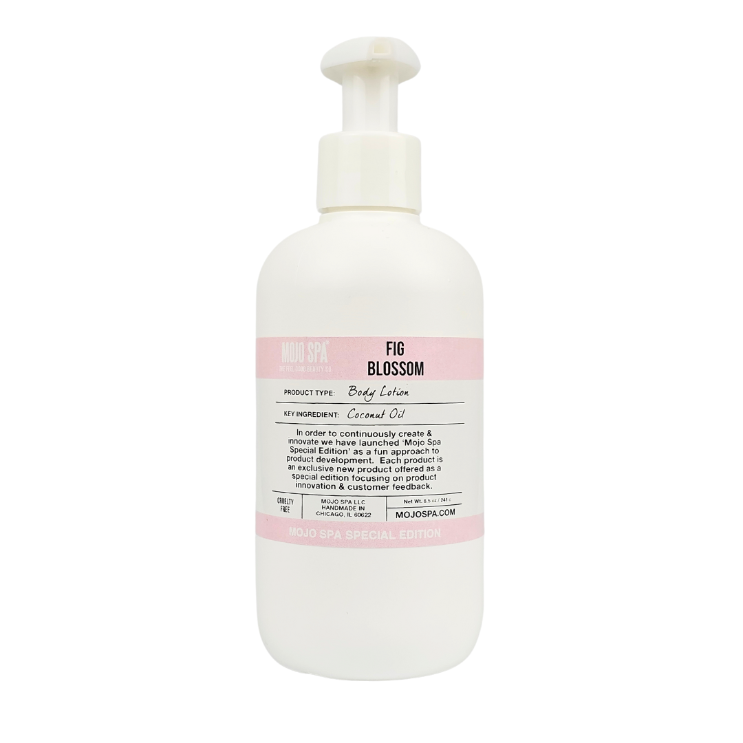 Fig Blossom body lotion in a white pump bottle with a pale pink label, marked Mojo Spa Special Edition