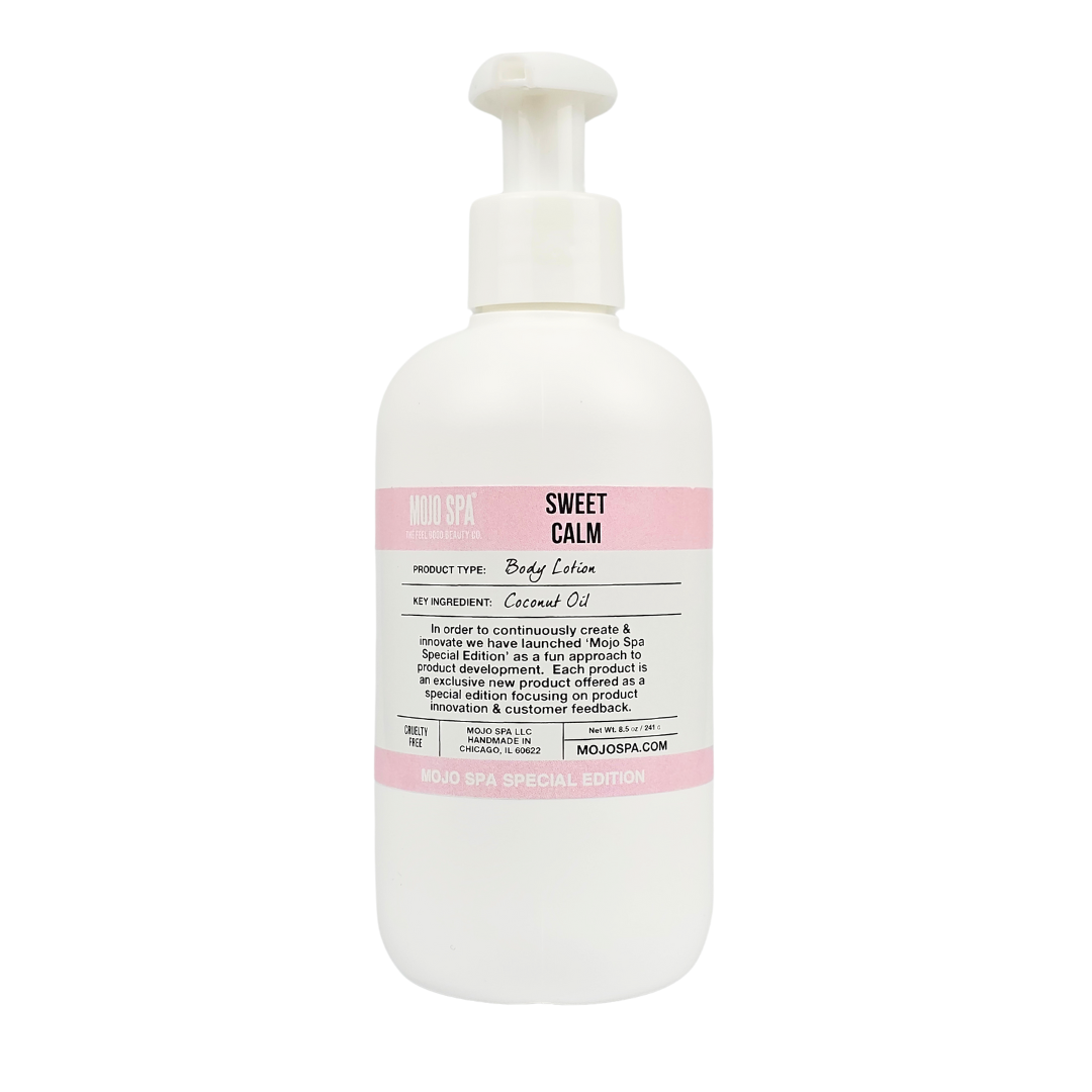 Sweet Calm body lotion in a white pump bottle with a pale pink label, marked Mojo Spa Special Edition
