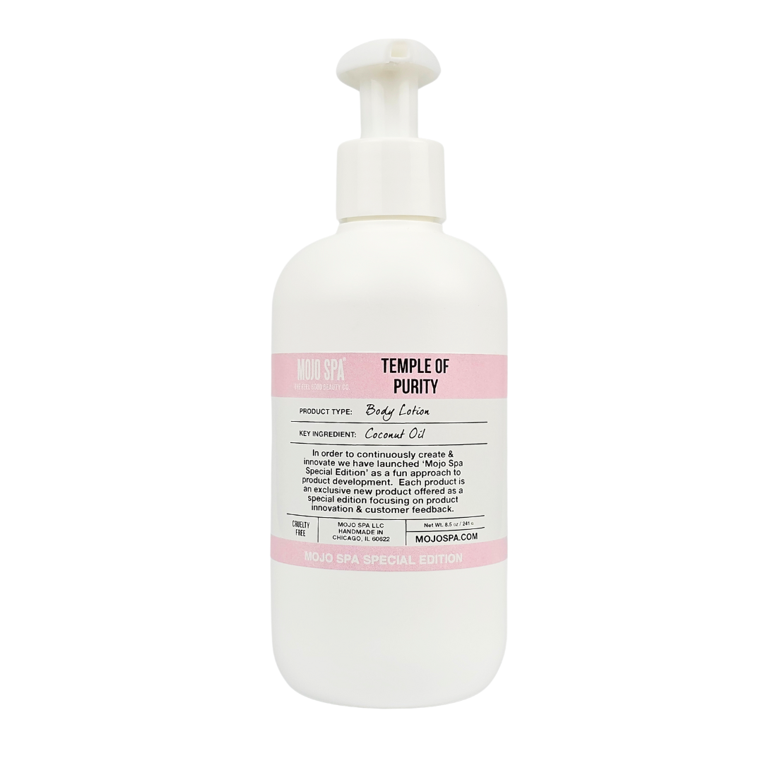 Temple of Purity body lotion in a white pump bottle with a pale pink label, marked Mojo Spa Special Edition