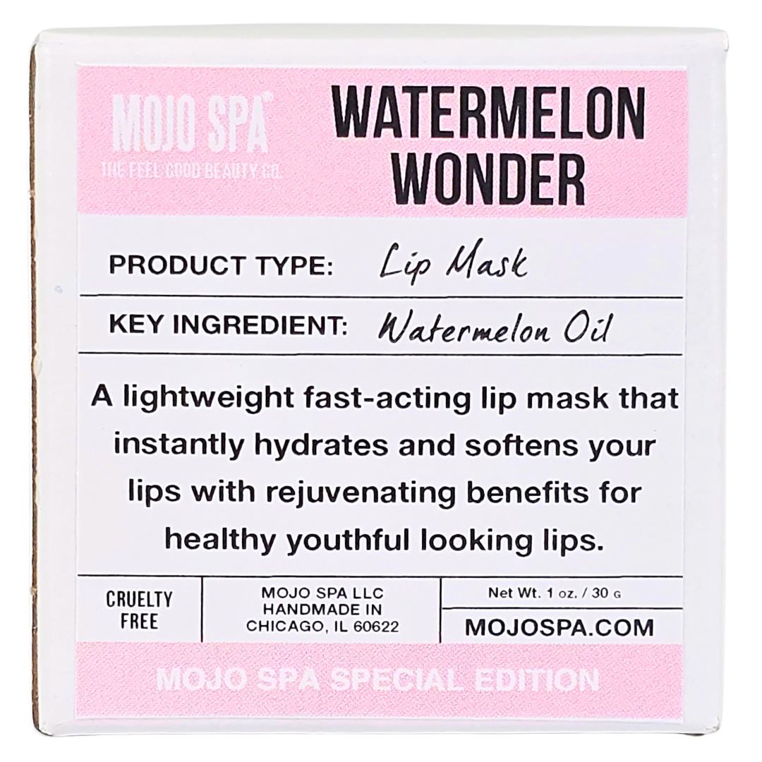The front of the box, listing Lip Mask as the product type and Watermelon Oil as the key ingredient