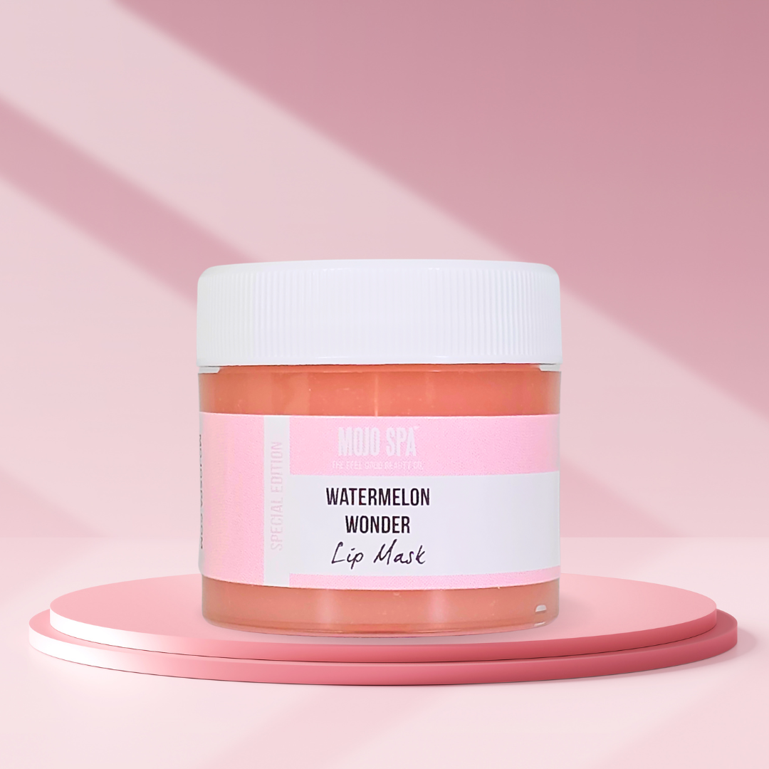 The jar on a round pink stand against a pink background