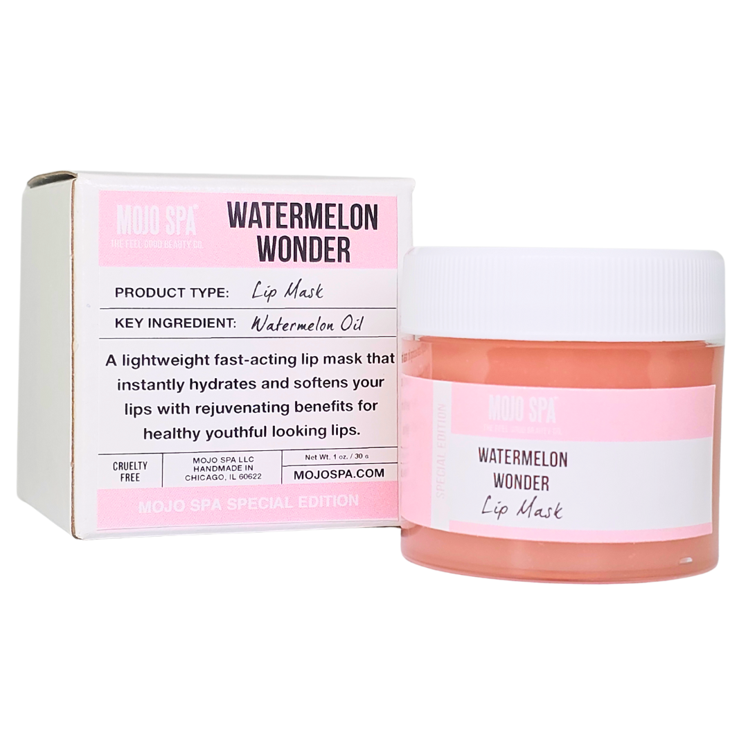 Watermelon Wonder Lip Mask in a 1 oz jar with a white lid, beside its box