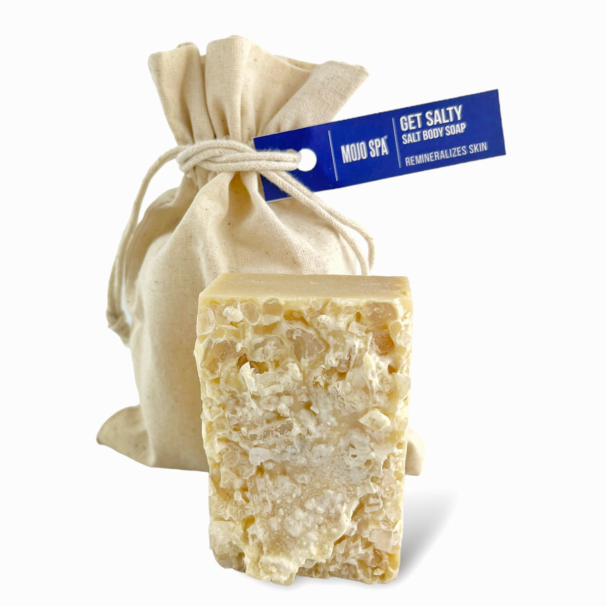 Get Salty soap bar studded with salt crystals beside a cotton drawstring bag, its blue tag reading Salt Body Soap