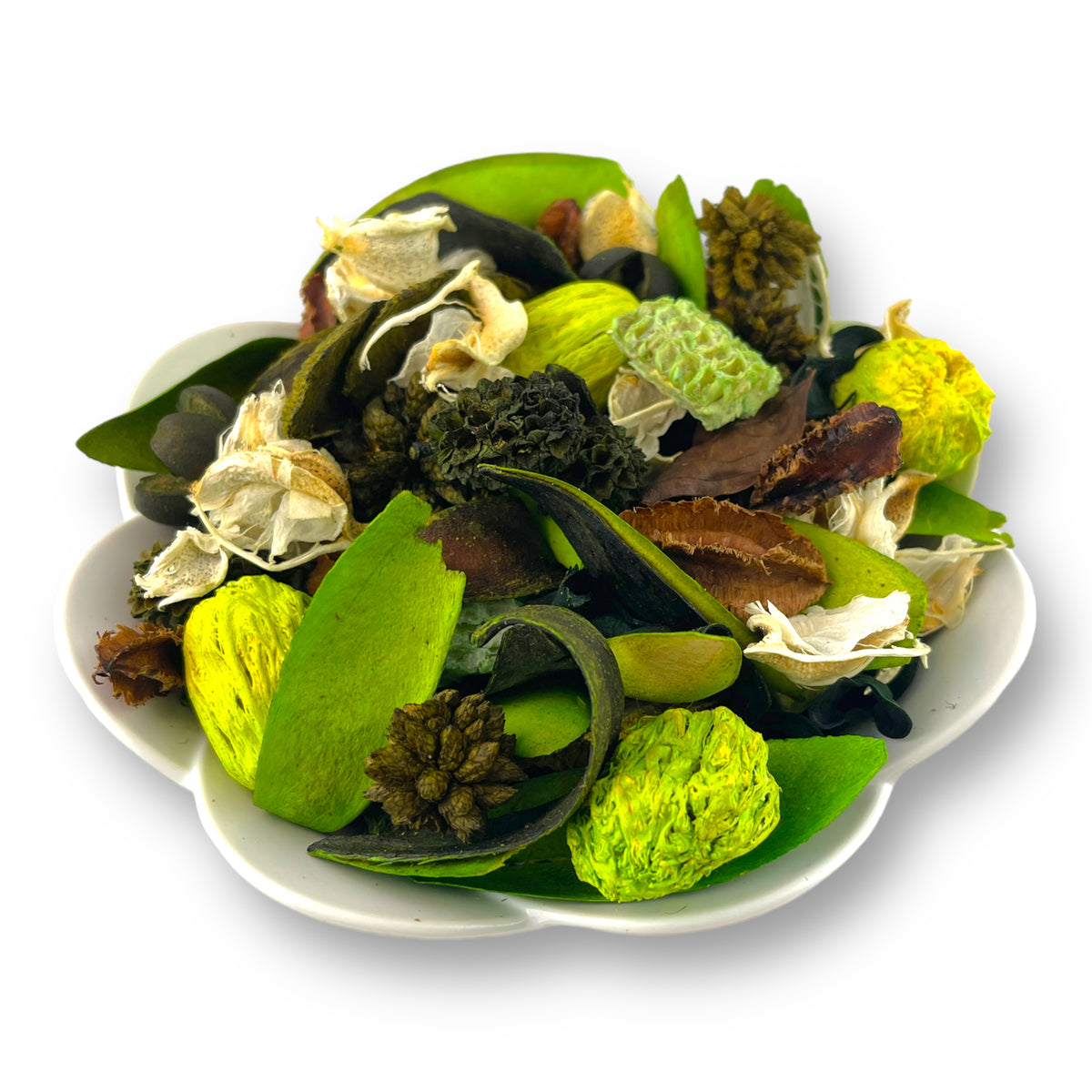 Good Vibes potpourri, a mix of dried green leaves, pods and flowers in a white dish