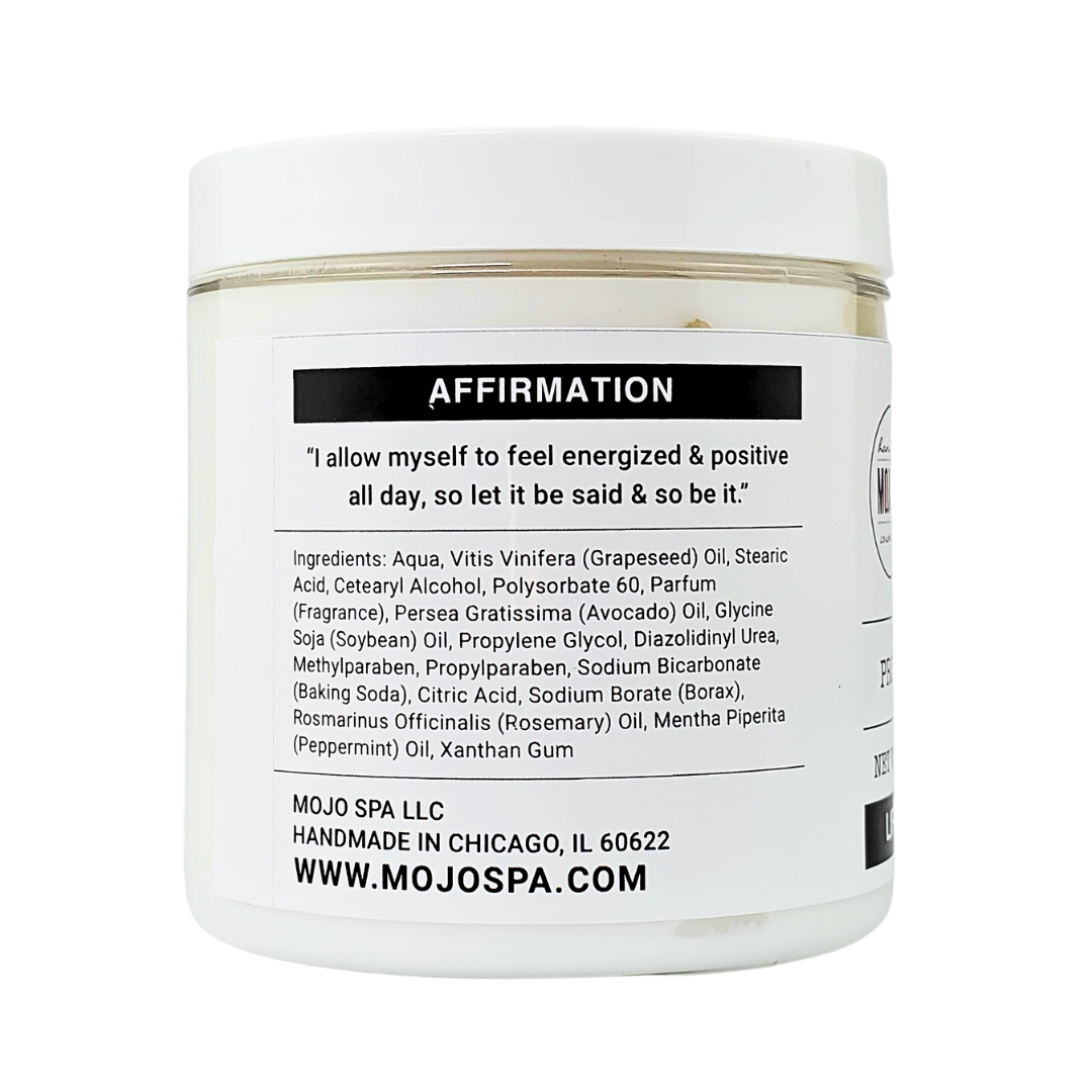 The other side of the jar, with an affirmation, the ingredients list and the maker&