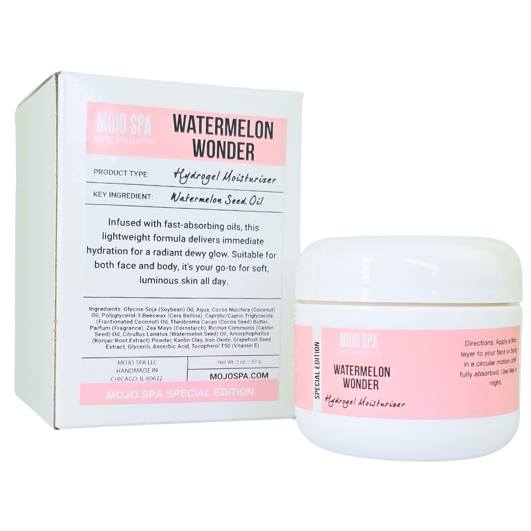 Watermelon Wonder Hydrogel Moisturizer in a white jar with a pink label, beside its box