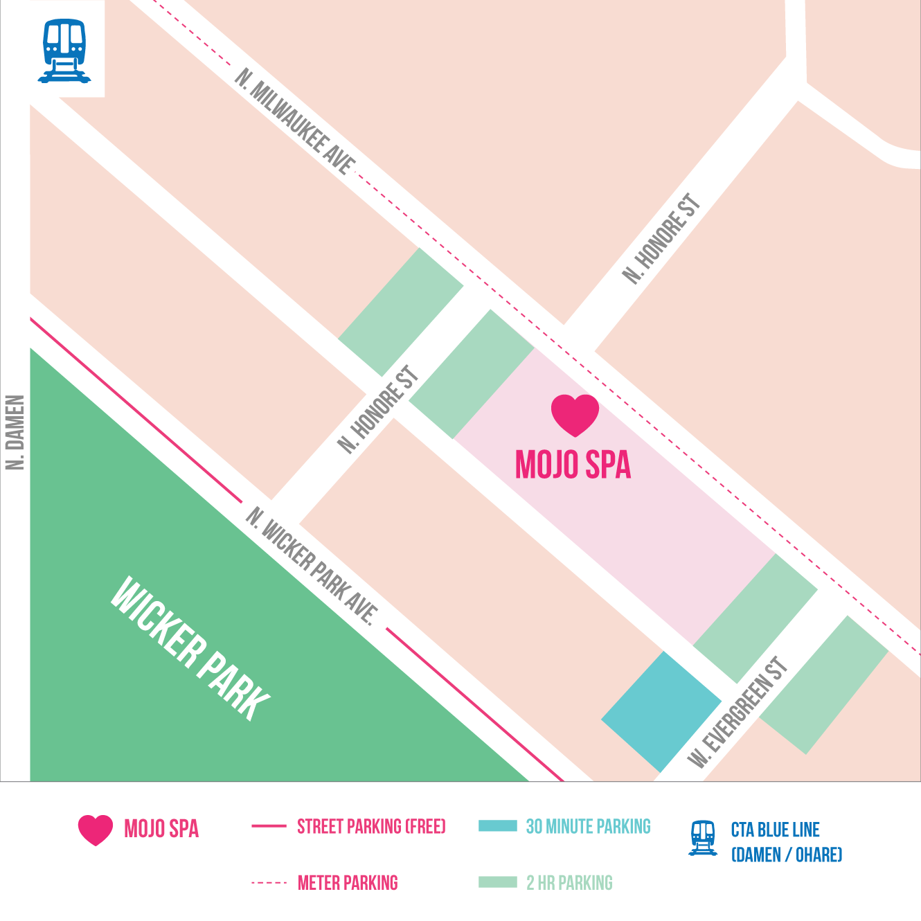 Map of parking around Mojo Spa, described above