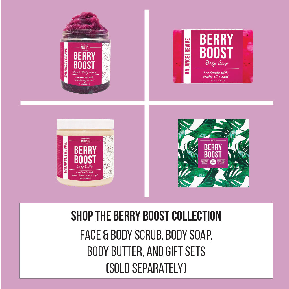 Collection graphic of the scrub, soap, body butter and gift box on purple, captioned sold separately