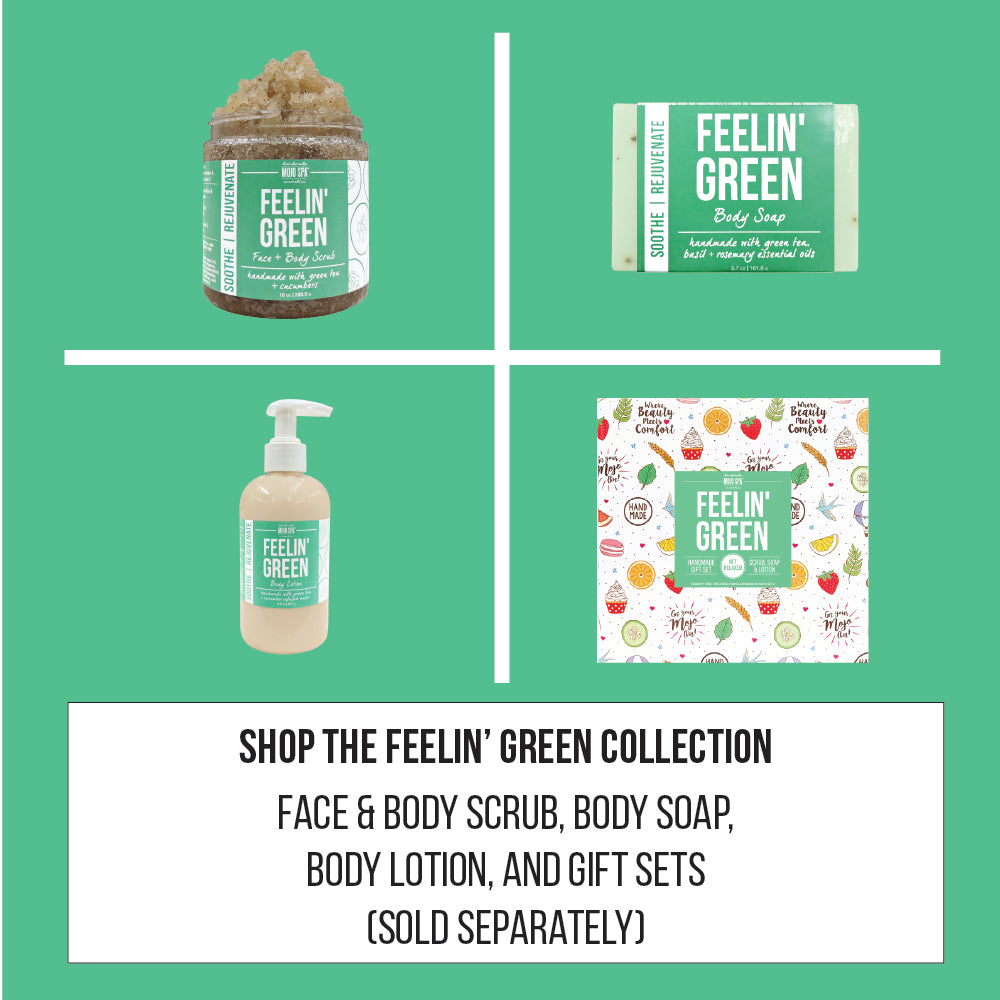 Collection graphic of the scrub, soap, body lotion and gift box on green, captioned sold separately