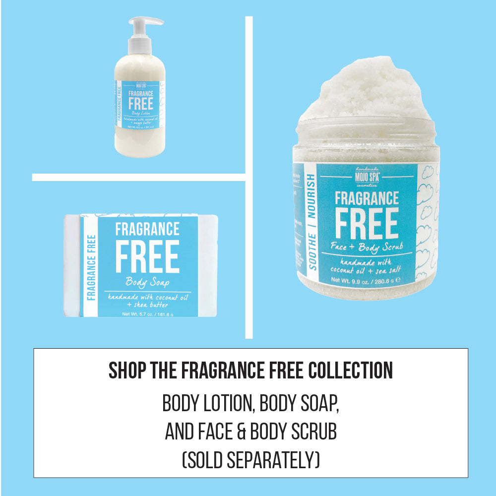 Collection graphic of the Fragrance Free body lotion, body soap and face and body scrub, captioned Shop the Fragrance Free collection, sold separately