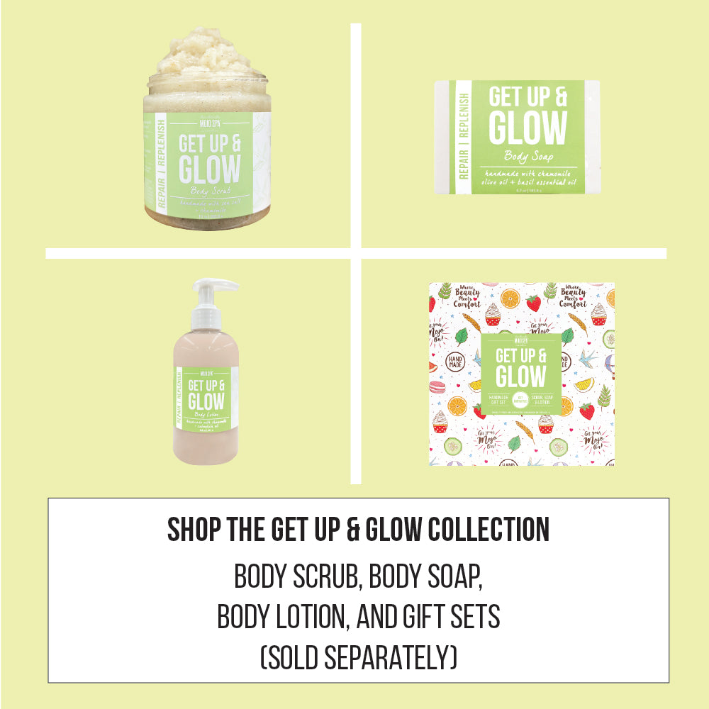 Collection graphic of the body scrub, body soap, body lotion and gift box on pale green, captioned Shop the Get Up &amp; Glow collection, sold separately