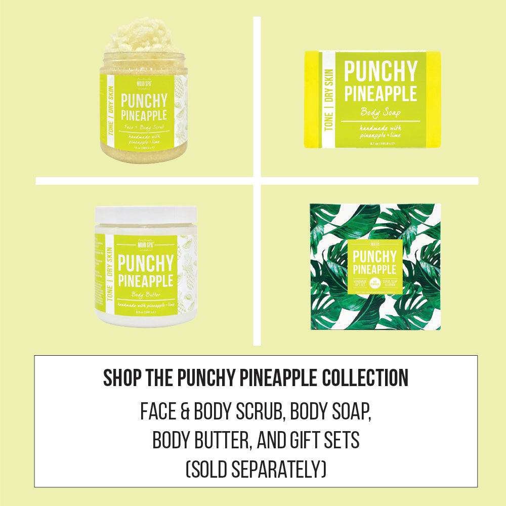 Collection graphic of the Punchy Pineapple scrub, body soap, body butter and gift box, captioned Shop the Punchy Pineapple collection, sold separately