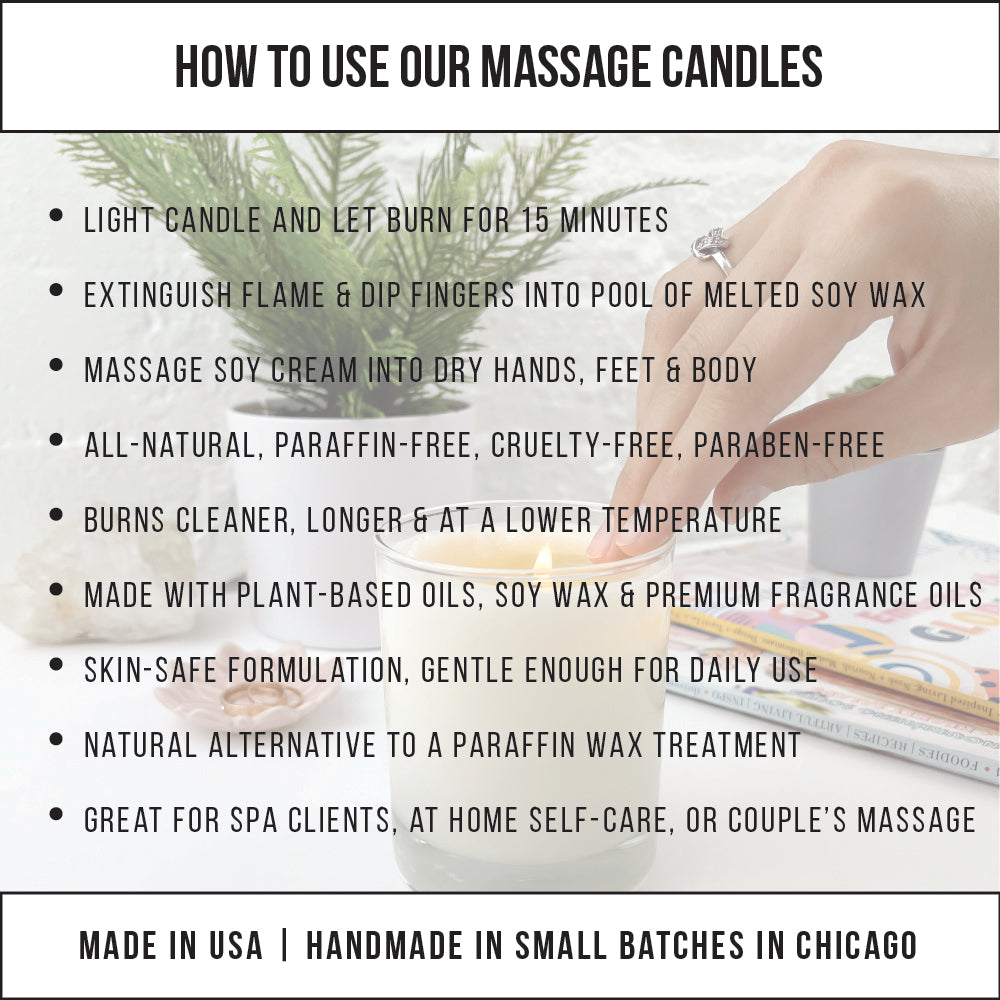Graphic titled How to use our massage candles, its steps over a photo of a hand at a lit candle