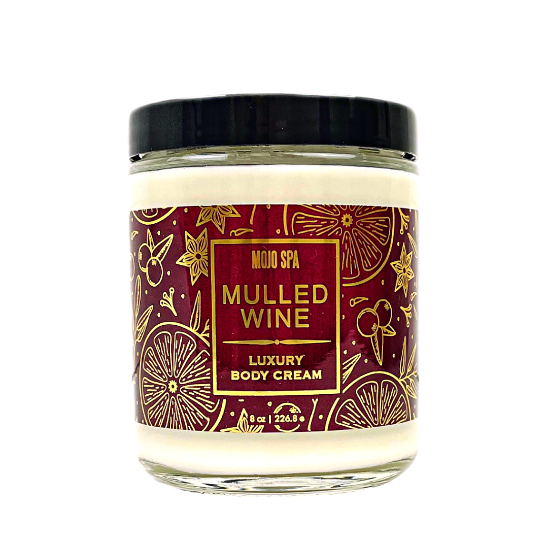 Mulled Wine luxury body cream in an 8 oz jar with a black lid and a burgundy and gold label