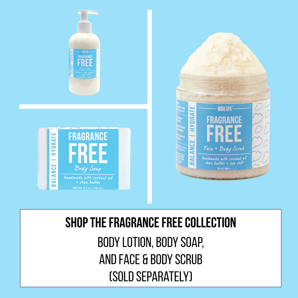 Collection graphic of the body lotion, body soap and face and body scrub on blue, captioned Shop the Fragrance Free collection, sold separately