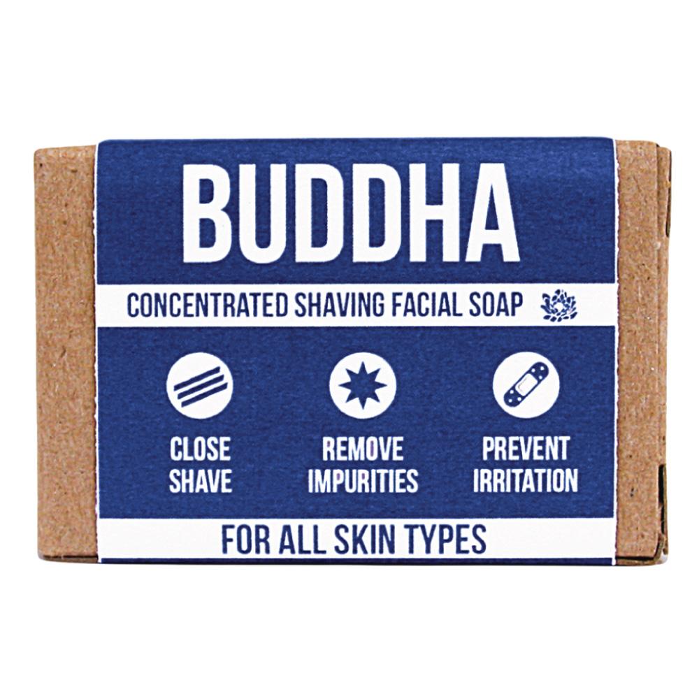 Buddha shaving facial soap for men, a bar in kraft paper with a navy wrap label and three icons