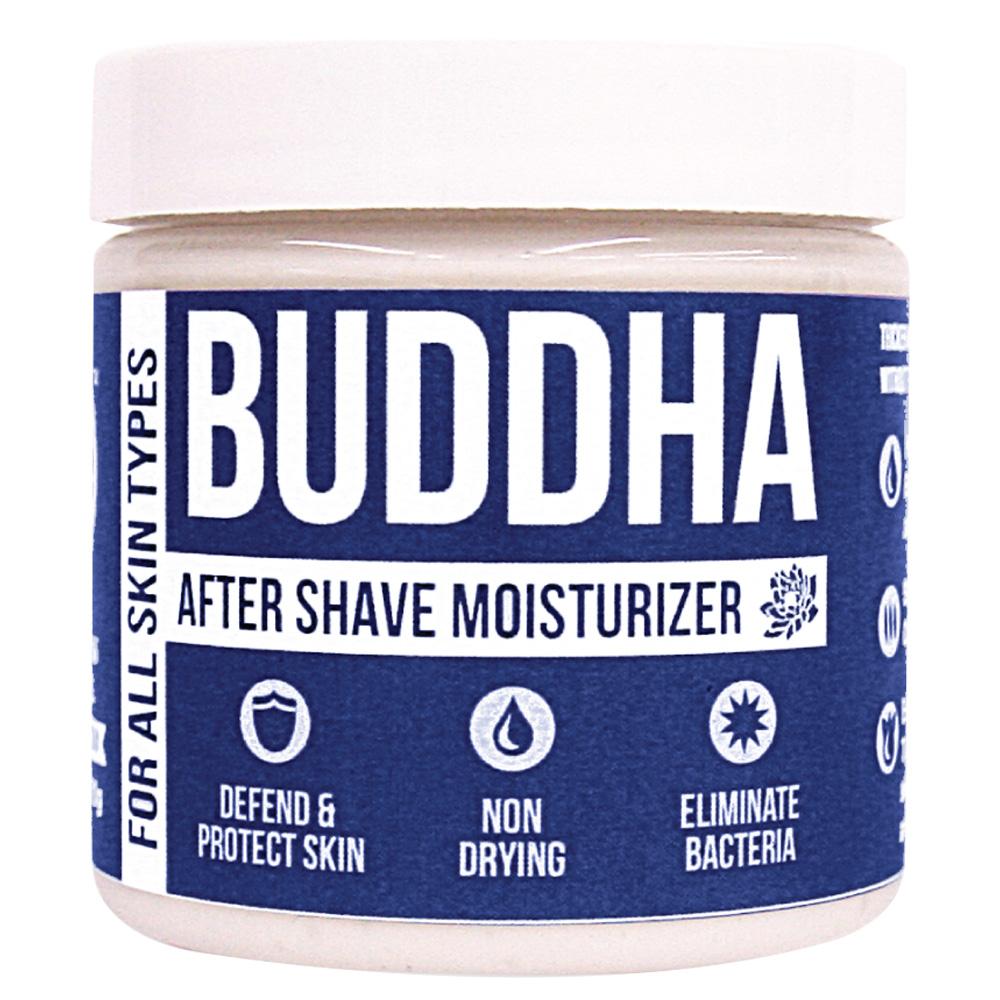 Buddha after shave moisturizer for men in a jar with a white lid and a navy label, with three icons