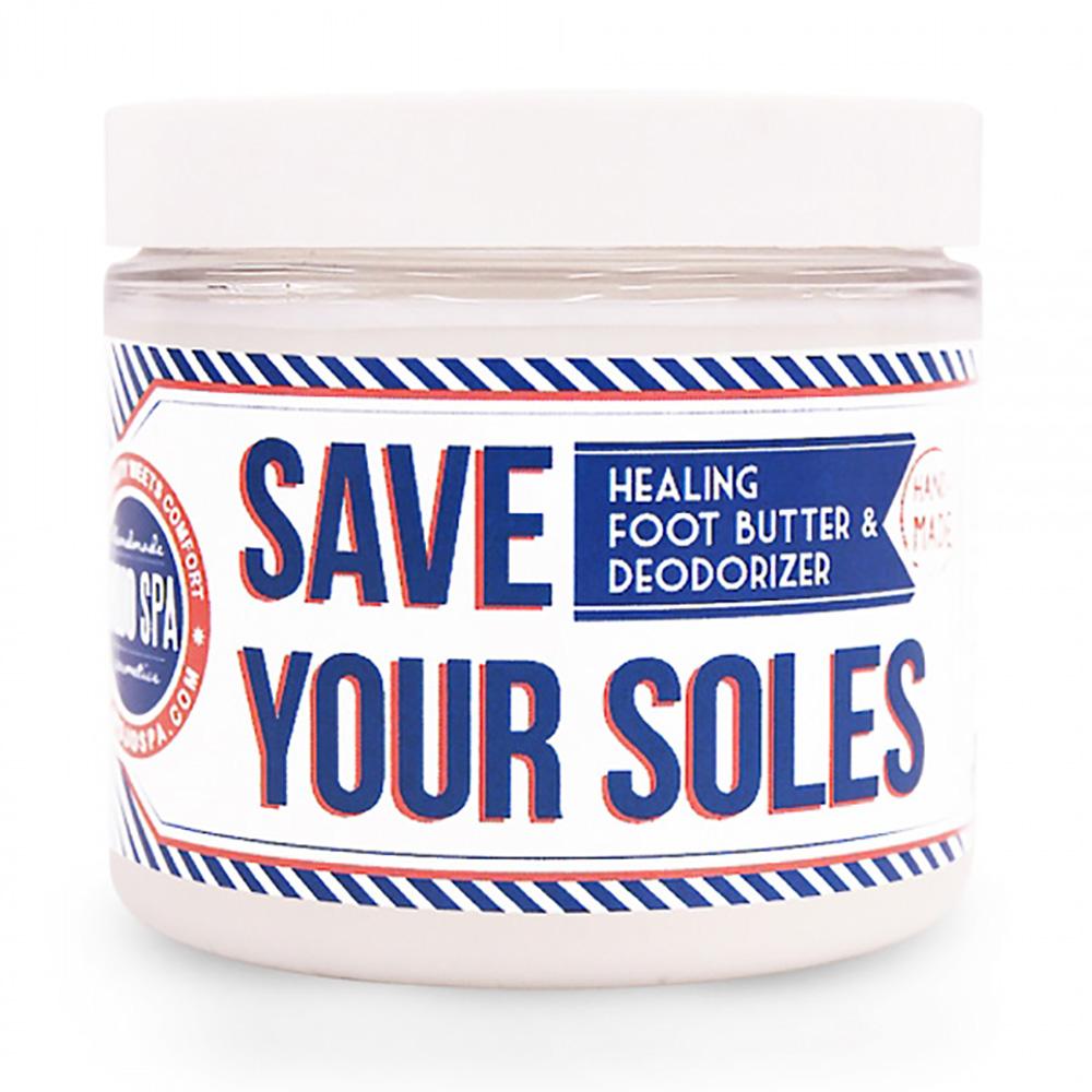 Save Your Soles foot butter and deodorizer in a white-lidded jar, blue and red striped retro label