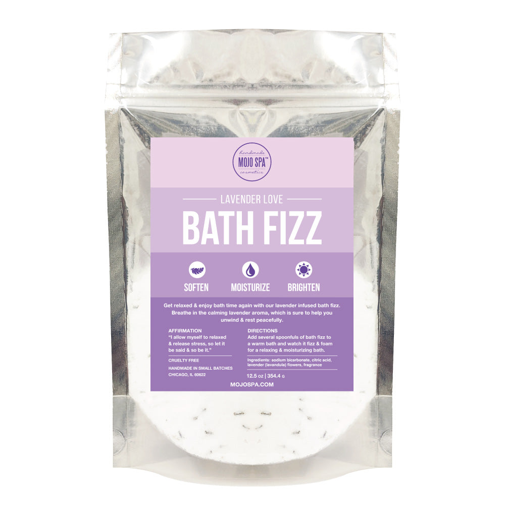 Lavender Love bath fizz in a 12.5 oz silver zip pouch, purple label reading Bath Fizz