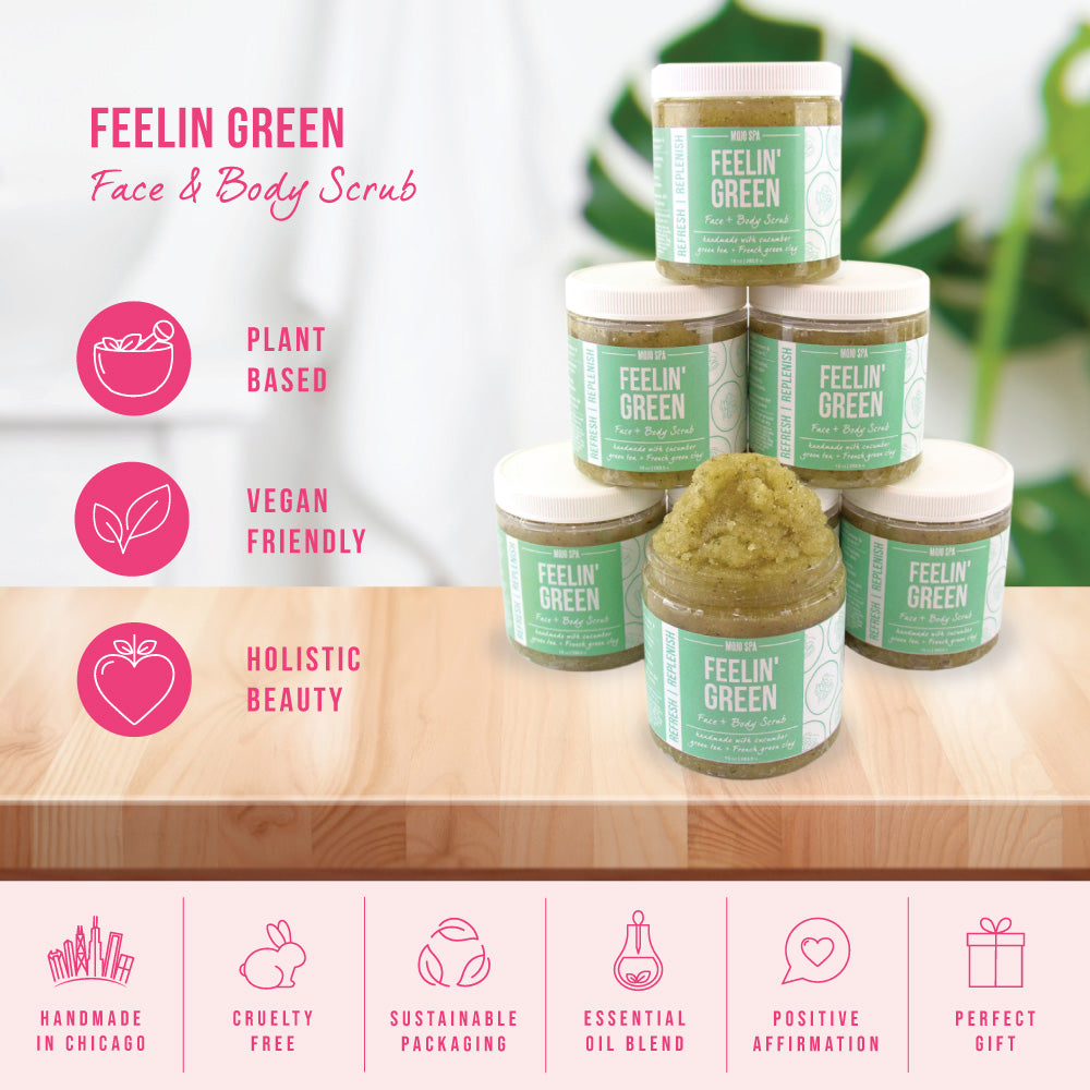 Graphic of stacked jars on a wooden counter, with icons for plant based, handmade in Chicago and cruelty free
