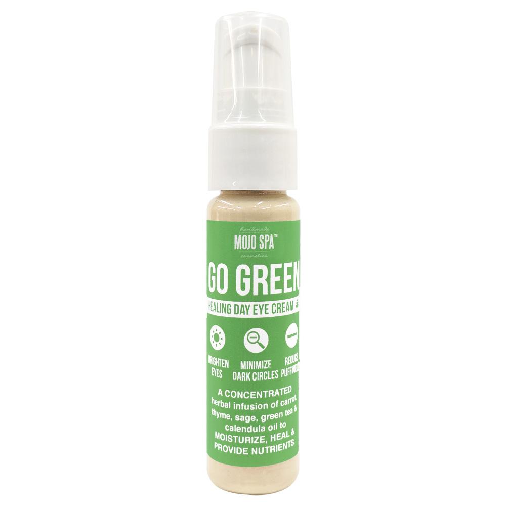 Go Green brightening day eye cream in a small pump bottle with a white pump, clear cap and a green label with three icons