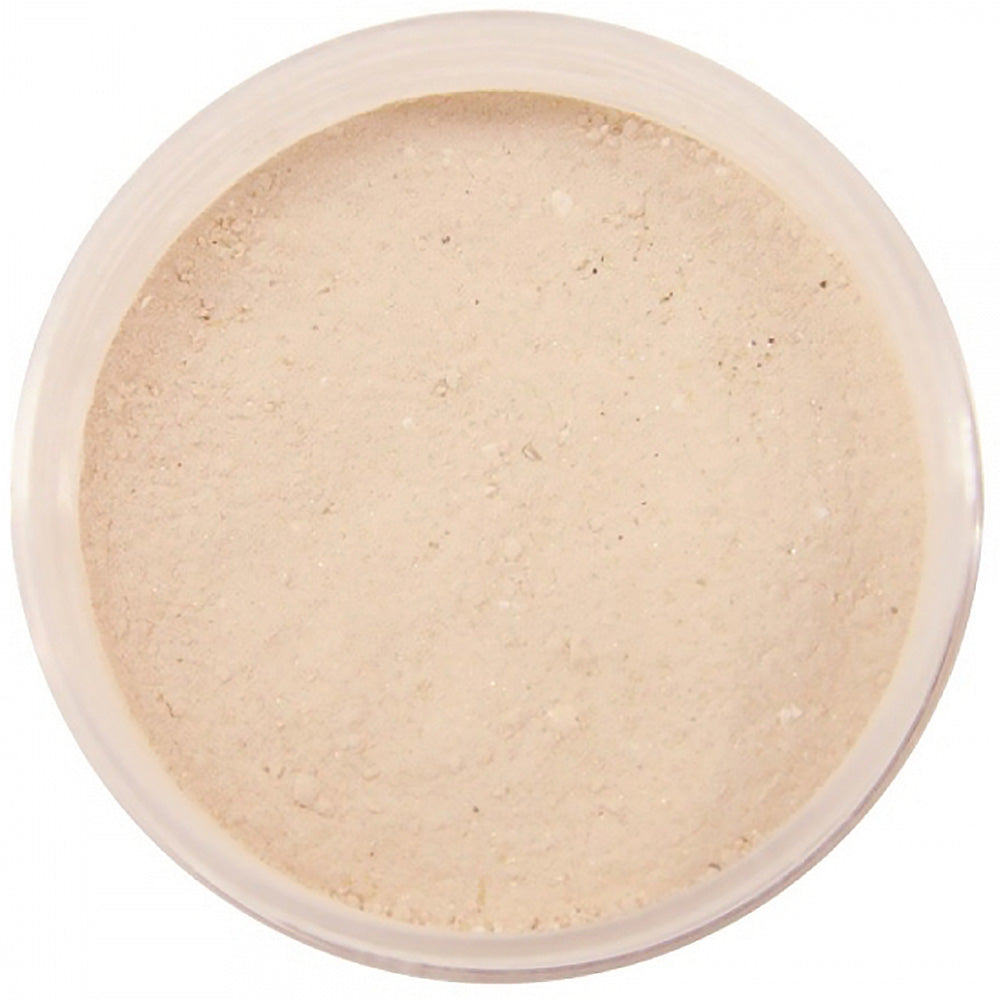 Sun Magic finishing powder for all skin tones, loose beige powder in an open clear jar seen from above