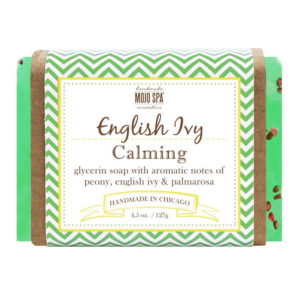 English Ivy body soap, a bright green 4.5 oz glycerin bar with a green chevron wrap label and a brown paper band
