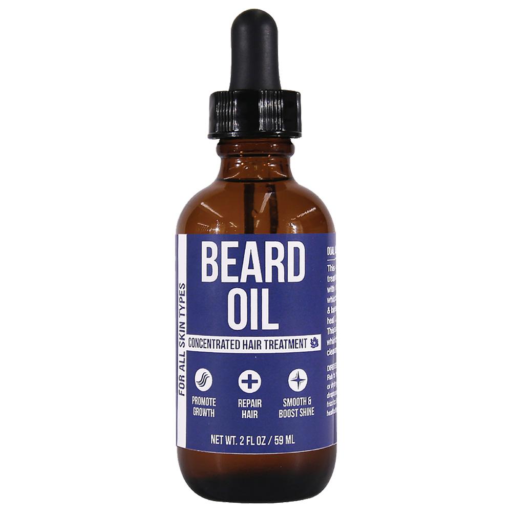 Beard oil for men in a 2 fl oz amber glass dropper bottle with a black dropper and a blue label