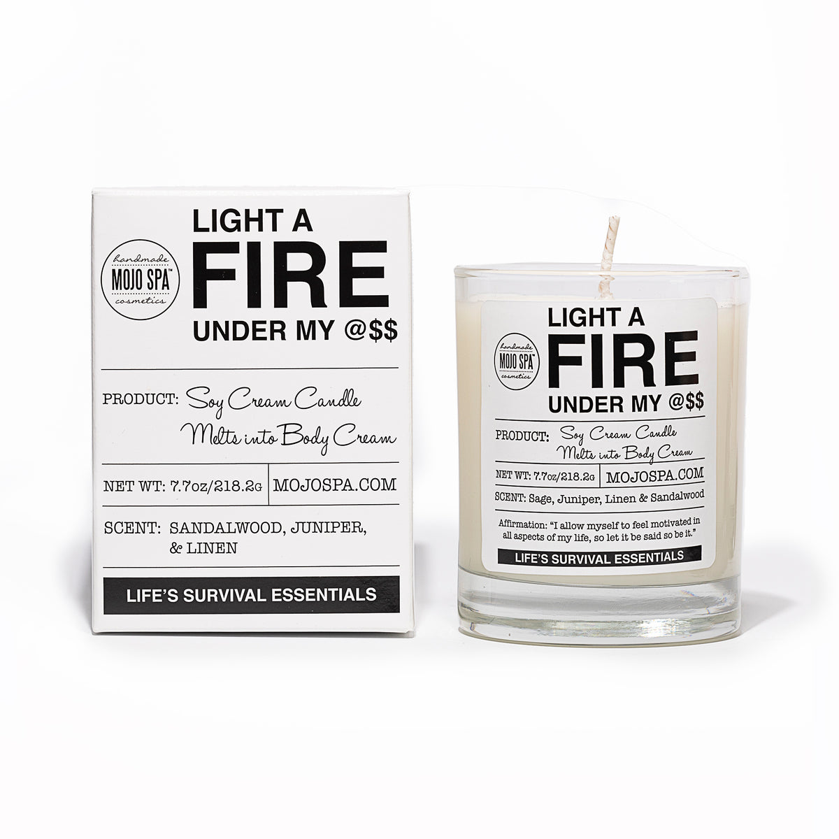 Candle and box seen straight on, the labels reading Soy Cream Candle, Melts into Body Cream