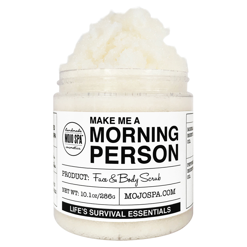 Make Me a Morning Person scrub, 10.1 oz jar, scrub piled above the rim