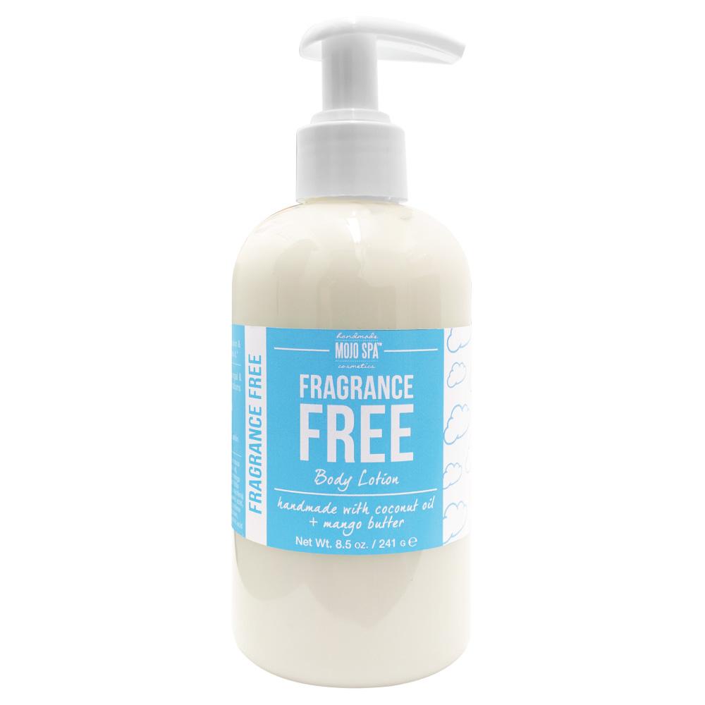 Fragrance Free body lotion in an 8.5 oz pump bottle with a white pump, creamy lotion and a pale blue label