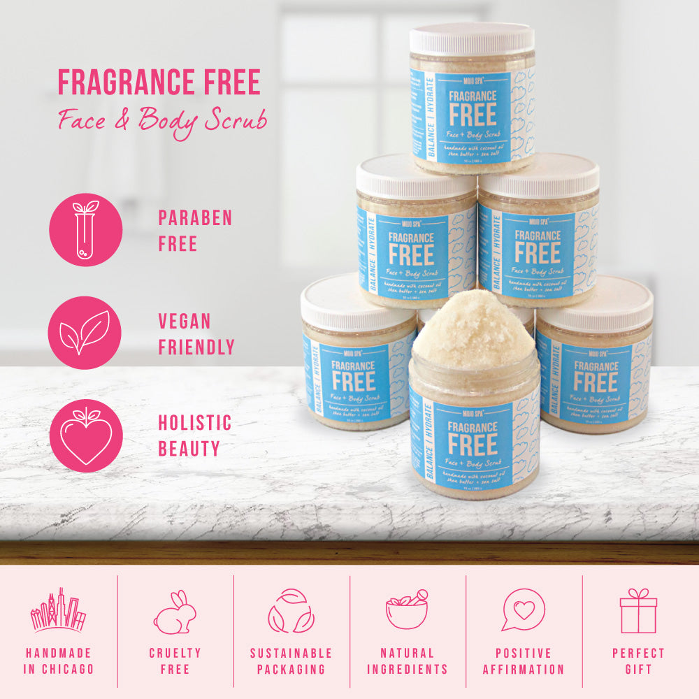 Graphic of stacked scrub jars, with icons for paraben free, vegan friendly and holistic beauty