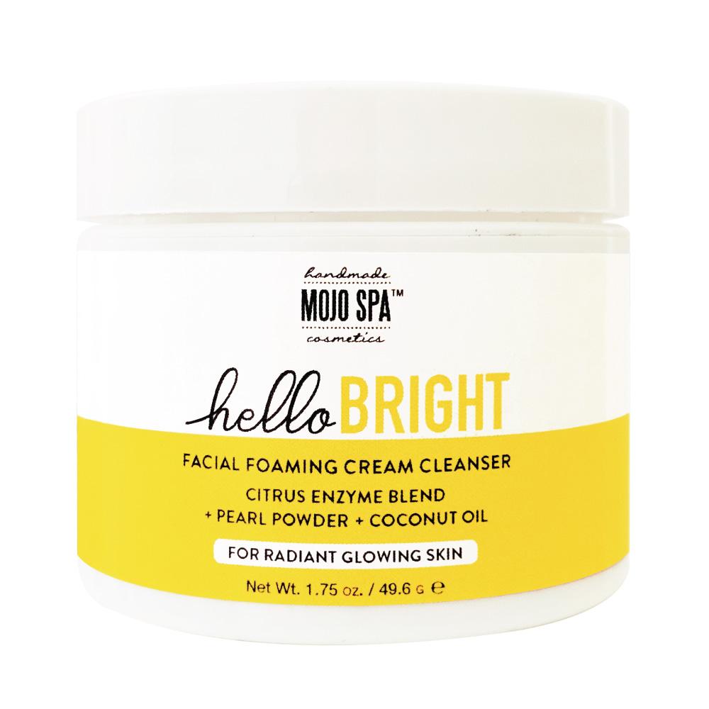 Hello Bright facial foaming cream cleanser in a 1.75 oz jar with a white lid and a yellow and white label