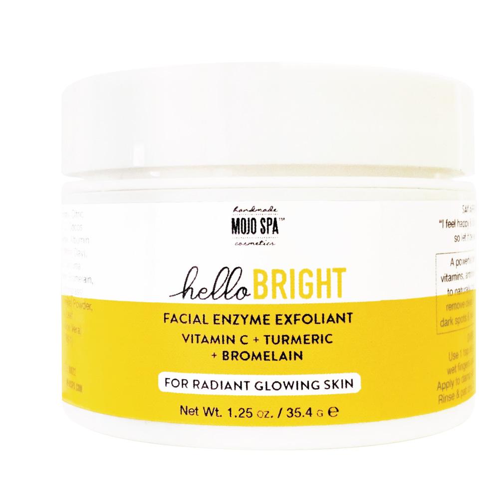 Hello Bright facial enzyme exfoliant in a 1.25 oz jar with a white lid and a yellow and white label