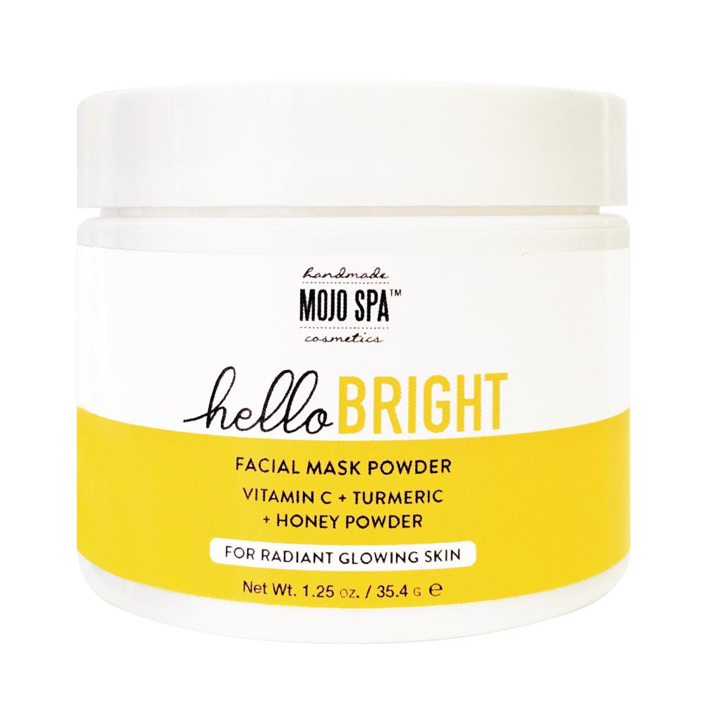 Hello Bright facial mask powder in a 1.25 oz jar with a white lid and a yellow and white label