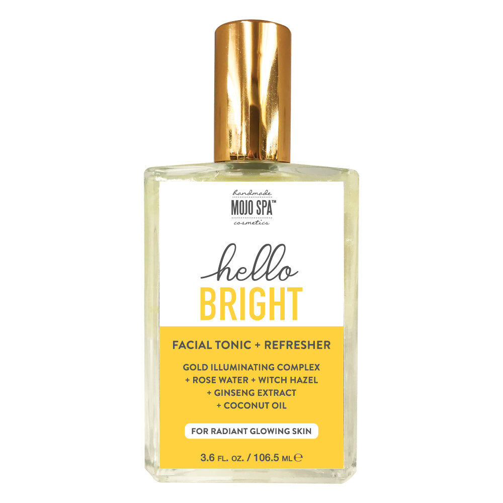Hello Bright facial tonic and refresher in a 3.6 fl oz clear glass bottle with a gold cap and a white and yellow label