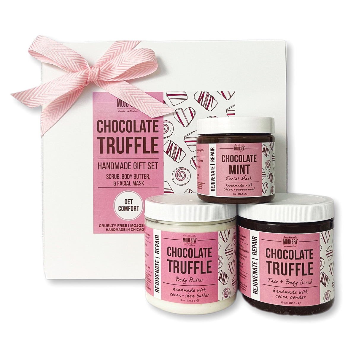 Chocolate Truffle scrub, body butter and facial mask gift set, a white box tied with a pink ribbon behind three jars