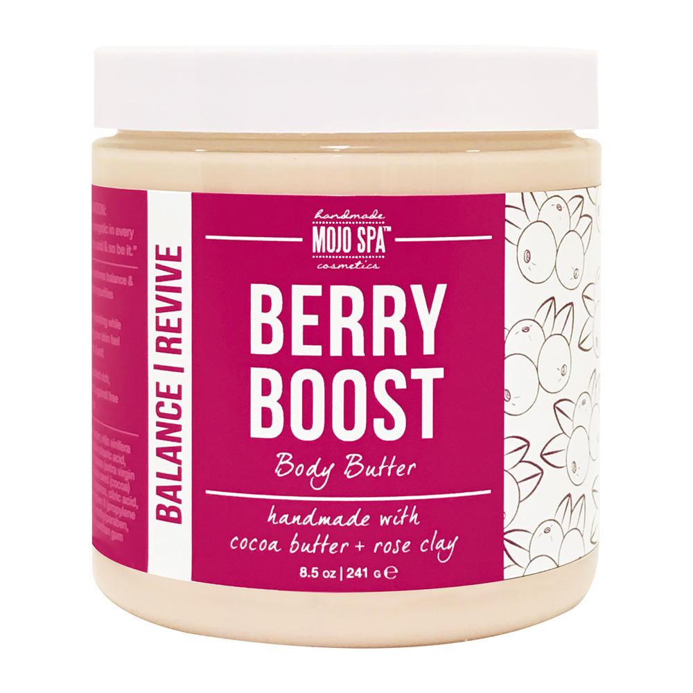 The 8.5 oz body butter jar from the set, label reading handmade with cocoa butter + rose clay