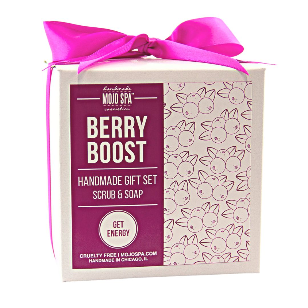The gift box turned at an angle, ribbon and berry pattern panel showing
