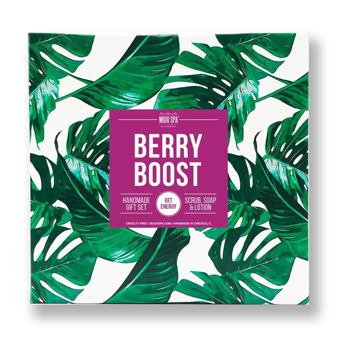 Berry Boost gift set box printed with green palm leaves, its label reading Handmade Gift Set