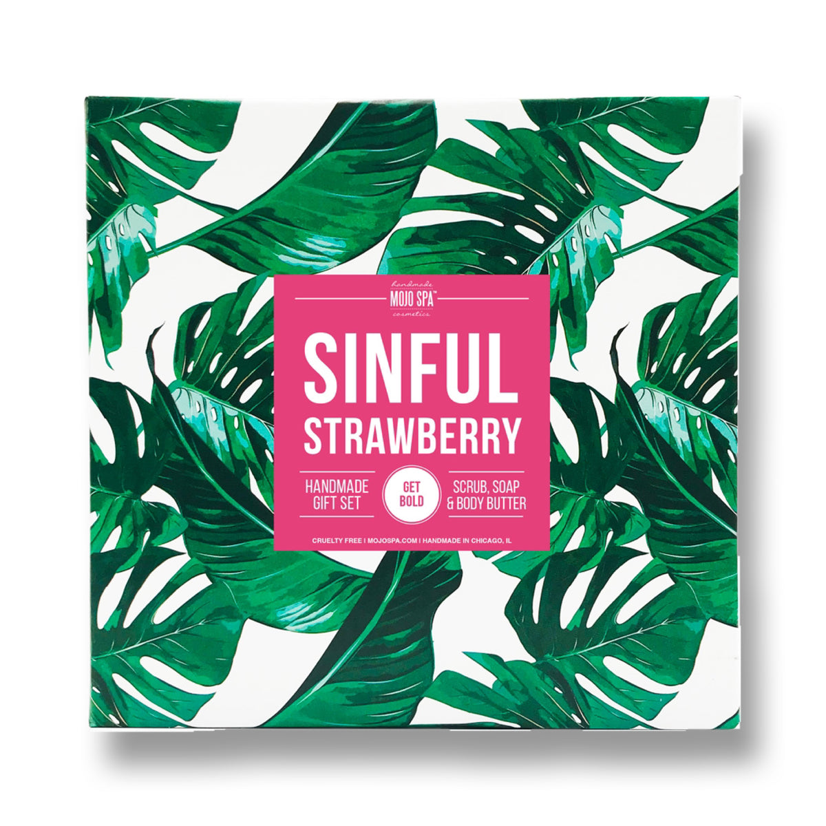 Sinful Strawberry scrub, jelly body serum and soap gift set, a square box with a green palm leaf print and a pink label