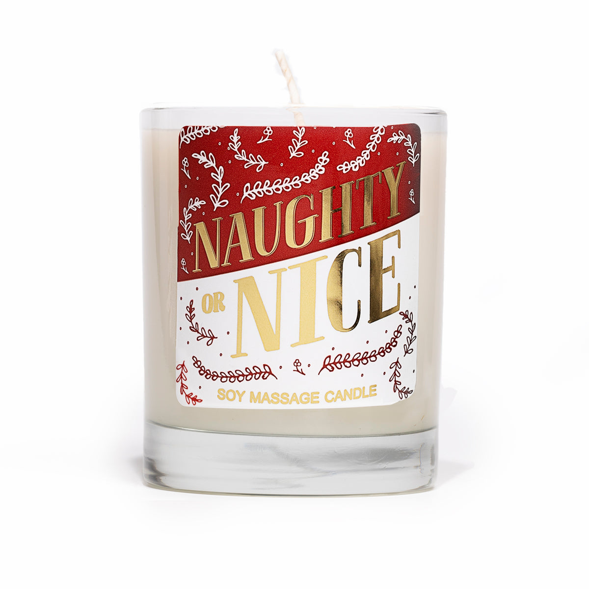 The candle on its own, its red and white label with gold lettering