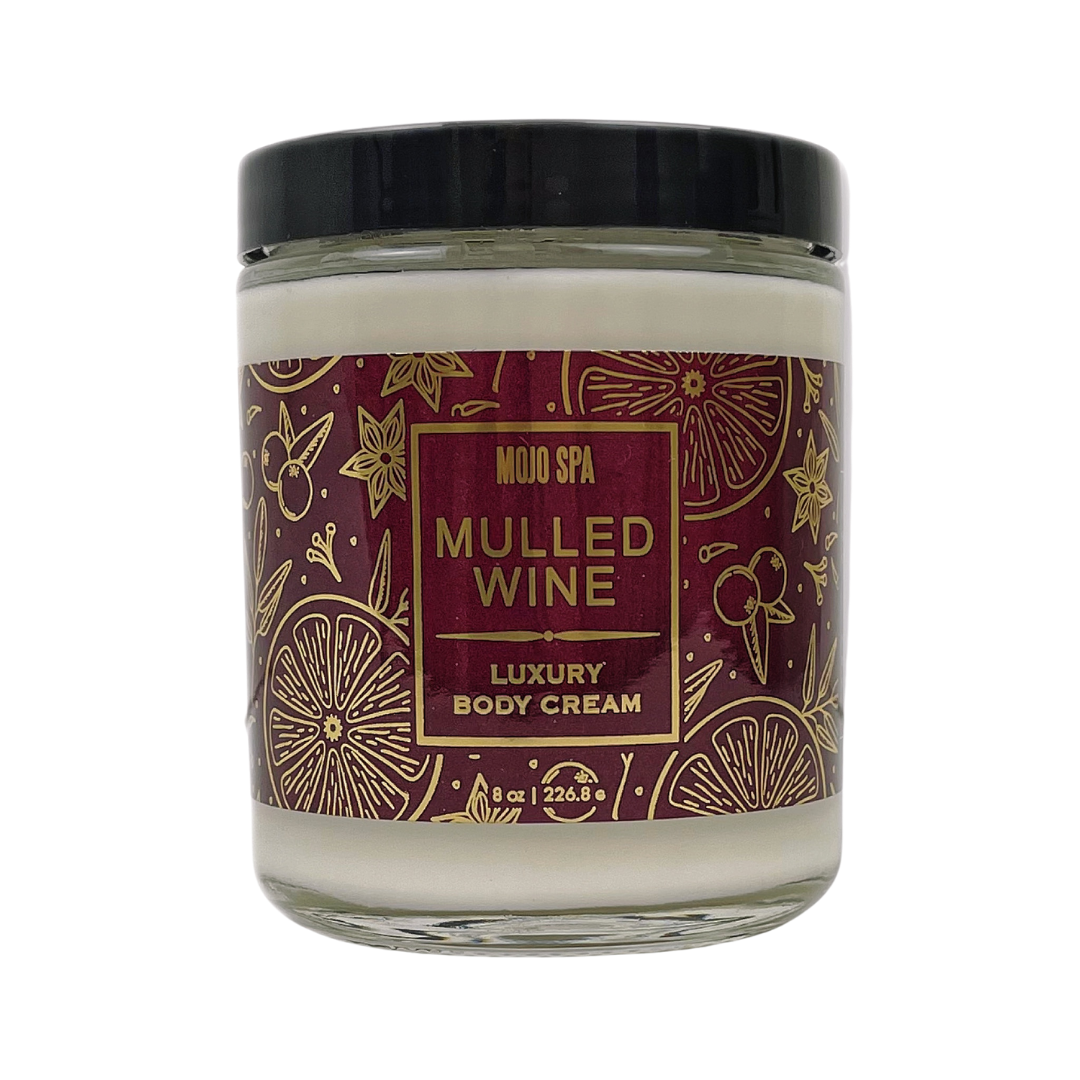 The body cream jar on its own, black lid and burgundy and gold label
