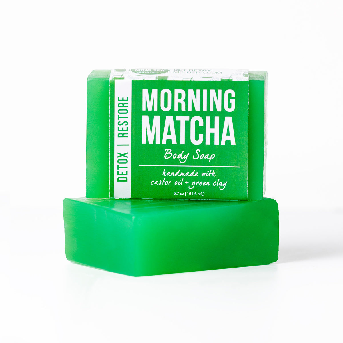 Morning Matcha body soap, a bright green 5.7 oz bar with a green wrap label, resting on a second bar