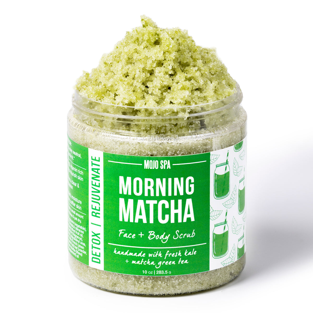 Morning Matcha face and body scrub in a 10 oz jar with the lid off, pale green scrub piled above a green label