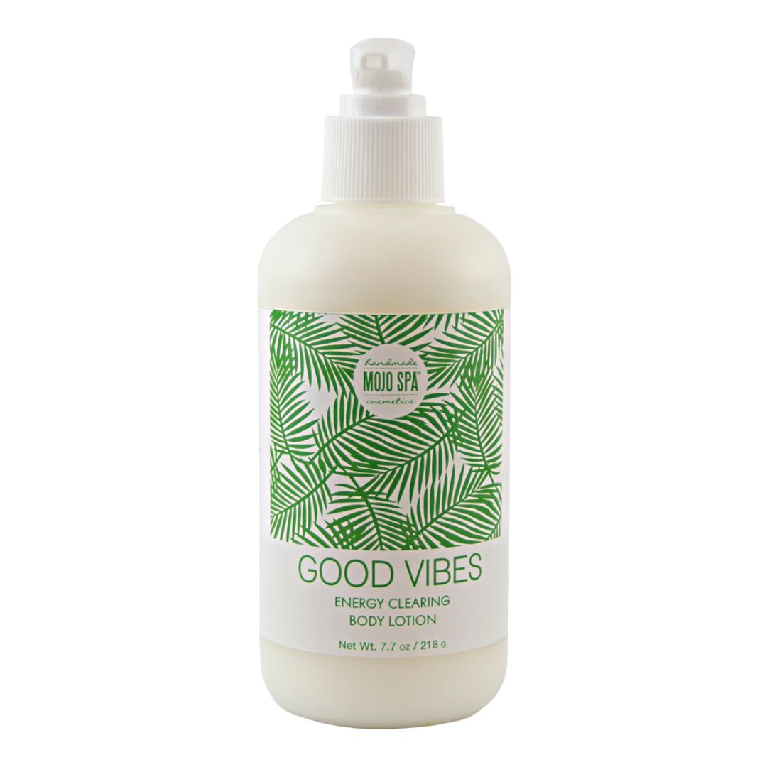 Good Vibes body lotion in a 7.7 oz white pump bottle, a green palm leaf label reading Energy Clearing Body Lotion